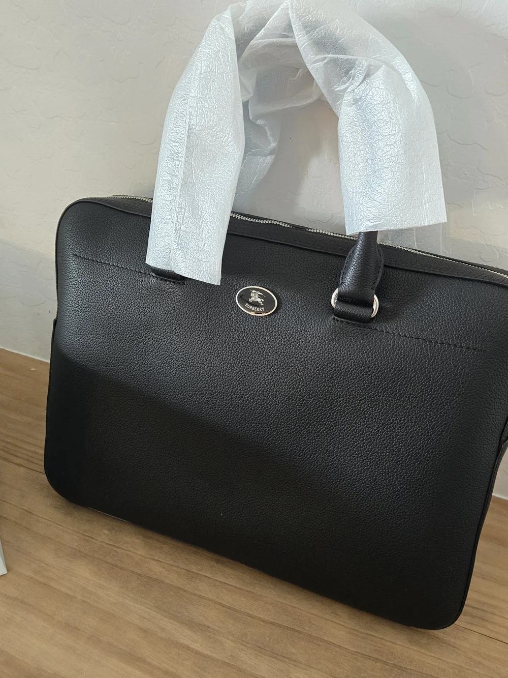 Burberry Knight Stamp Black Leather Briefcase - Sleek Professional Laptop Bag